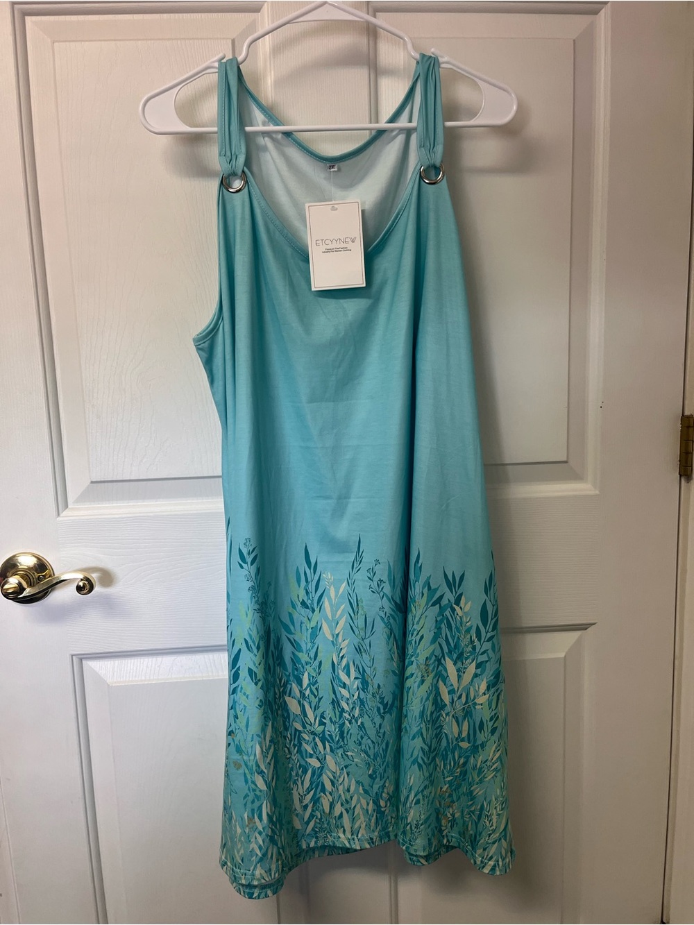 Aqua Blue Leaf-Print Sleeveless Dress